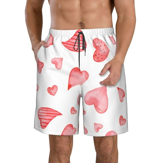 Kll Pink Hearts Men'S Casual Summer Beach Shorts Hawaiian Shorts With Pockets-Large