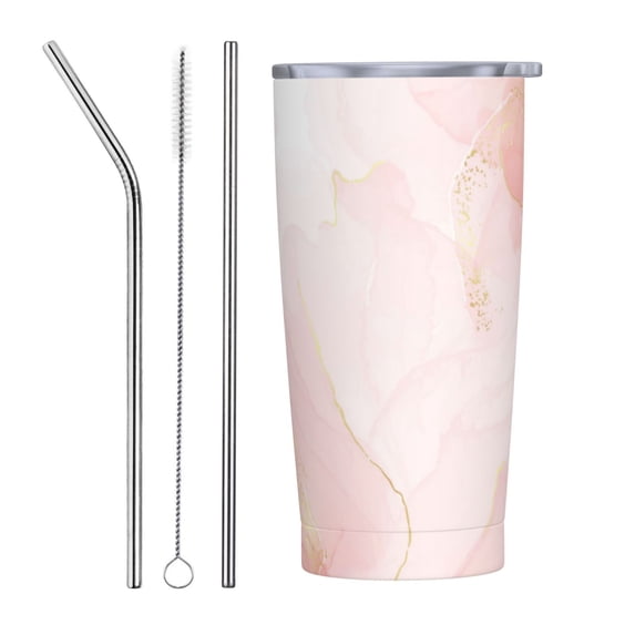Kll Pink Marble Stainless Steel Vacuum Insulated Coffee Cup 20 Oz Insulated Travel Mug Water Cup With Leak-Proof Straw Lid & Flip Lid,1 Metal Straws,1 Cleaning Brush