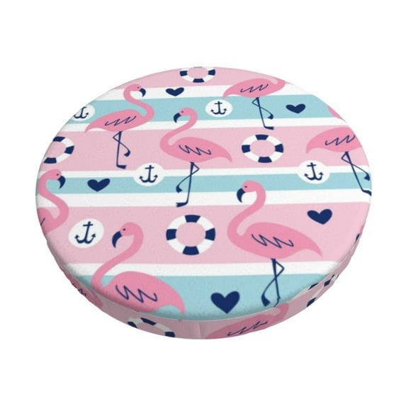 Kll Pink Striped Flamingo Round Bar Chair Cushion Cover 14 Inch,Bar Stool Protector With Elastic, Soft Washable