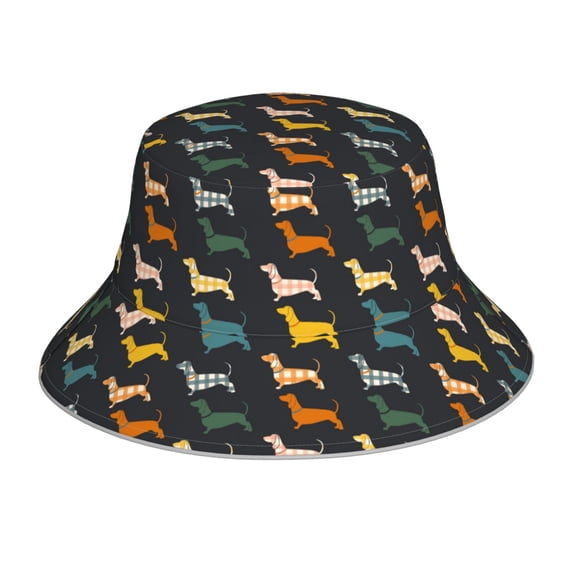 Kll Plaid Dachshund Bucket Hat for Women Men Packable Travel Beach Sun Hat Outdoor Rave Accessories Reflective Fisherman Cap