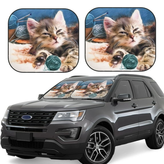 Kll Playful Cat Windshield Sun Shade 2-Piece Foldable Car Front Window Sunshade For Most Sedans Suv Truck- Small