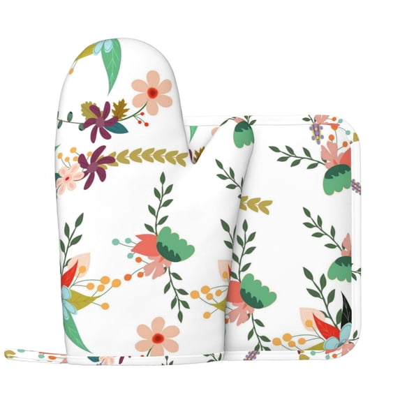 Kll Pretty Floral With Leaves Oven Gloves And Pot Holders Grill Gloves - Oven Gloves And Pot Holders, Non-Slip Cooking Gloves With Recycled Pads