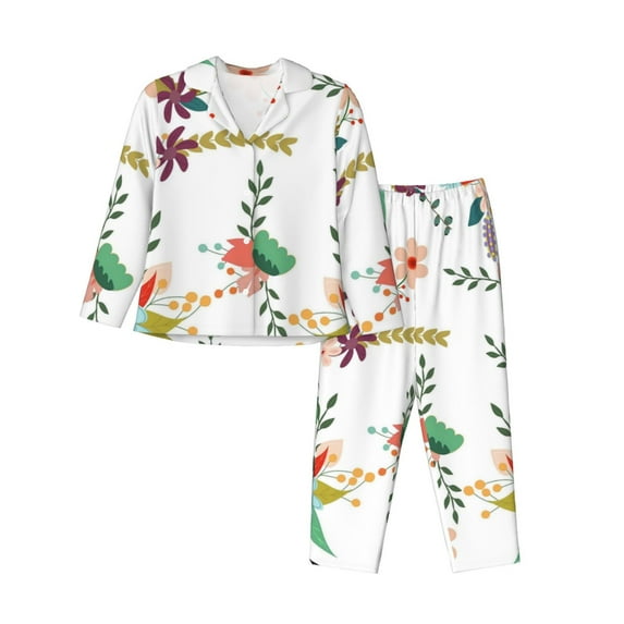 Kll Pretty Floral With Leaves Print Women'S Long Sleeve Pajamas With Pants Sleepwear Loungewear 2 Set-Large