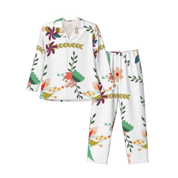 Kll Pretty Floral With Leaves Sleepwear Mens Flannel Pajamas,Long Cotton Pj Set