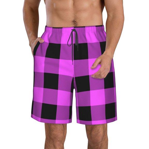 Kll Purple Black Buffalo Plaid Men'S Casual Summer Beach Shorts Hawaiian Shorts With Pockets-Small