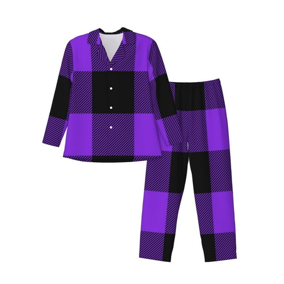 Kll Purple Buffalo Plaid Sleepwear Mens Flannel Pajamas,Long Cotton Pj Set