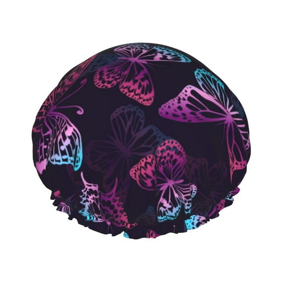 Kll Purple Butterfly Pattern Shower Cap & Bath Cap For Women,Reversible Oversized Waterproof Shower Caps For All Hair Lengths,Elastic Reusable Bathing Hair Cap