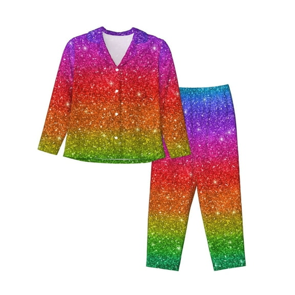 Kll Rainbow Glitter Print Women'S Long Sleeve Pajamas With Pants Sleepwear Loungewear 2 Set-Small