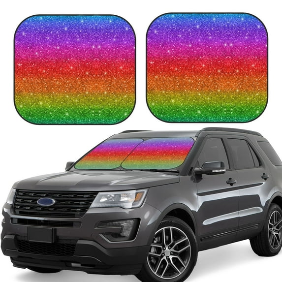 Kll Rainbow Glitter Windshield Sun Shade 2-Piece Foldable Car Front Window Sunshade For Most Sedans Suv Truck- Small