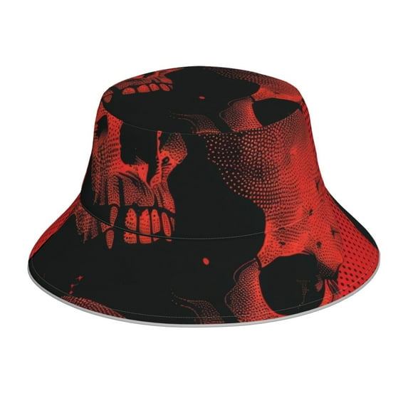 Kll Red And Black Abstract Skull Bucket Hat for Women Men Packable Travel Beach Sun Hat Outdoor Rave Accessories Reflective Fisherman Cap