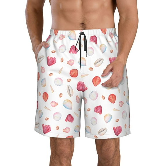 Kll Red Coral And Scallop Seashell Men'S Casual Summer Beach Shorts Hawaiian Shorts With Pockets-Medium