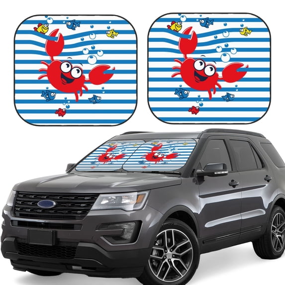 Kll Red Funny Crab On Blue Stripe Windshield Sun Shade 2-Piece Foldable Car Front Window Sunshade For Most Sedans Suv Truck - Auto Sun Blocker Visor Protector Blocks Max Uv Rays - Medium