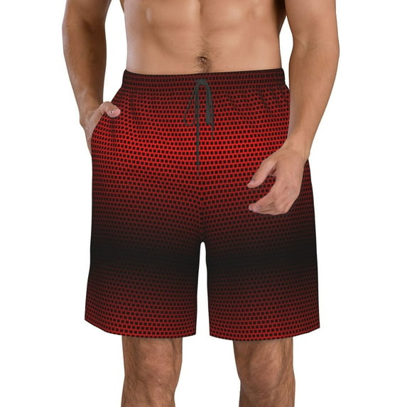 Kll Red Geometric Perforated Square Background Men'S Casual Summer Beach Shorts Hawaiian Shorts With Pockets-X-Large