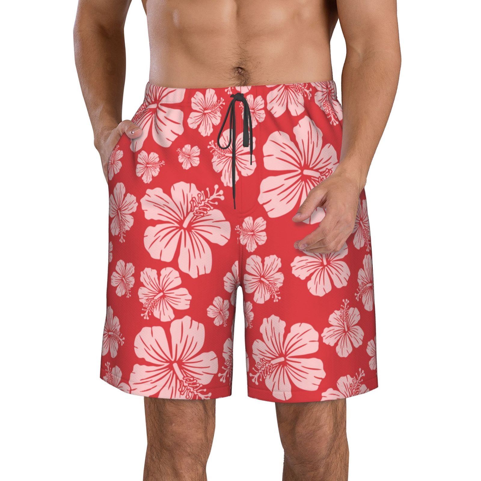Kll Red Hibiscus Flower Men'S Casual Summer Beach Shorts Hawaiian