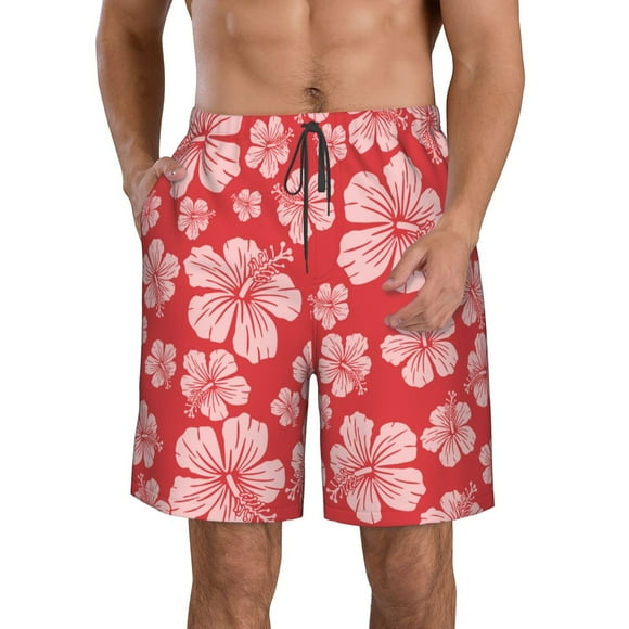 Kll Red Hibiscus Flower Men'S Casual Summer Beach Shorts Hawaiian Shorts With Pockets-Xx-Large