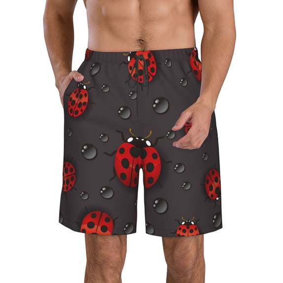 Kll Red Ladybugs On Dark Background Men'S Casual Summer Beach Shorts Hawaiian Shorts With Pockets-Large