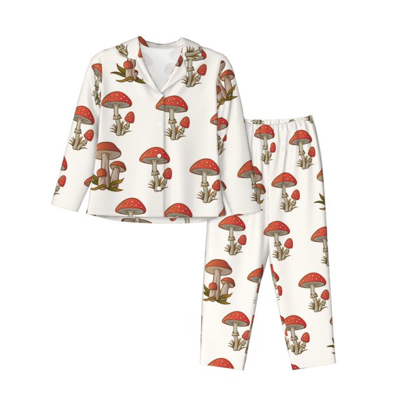 Kll Red Mushrooms Print Women'S Long Sleeve Pajamas With Pants Sleepwear Loungewear 2 Set-Small