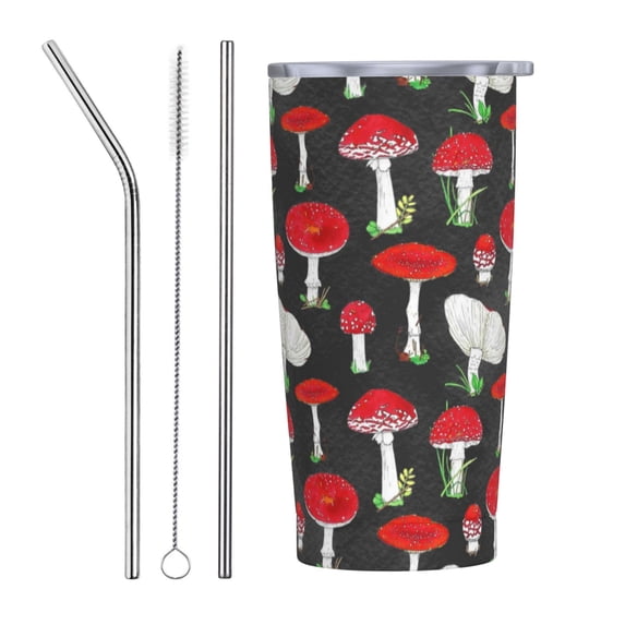 Kll Red Mushrooms Stainless Stainless Steel Vacuum Insulated Coffee Cup 20 Oz Lids And Straws,1 Metal Straws,1 Cleaning Brush