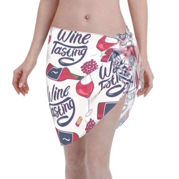 Kll Red Wine Glass Bottle Print Women'S Sarong Coverups Short Bathing Suit Wrap Skirt Beach Wrap Swimsuit Cover Ups