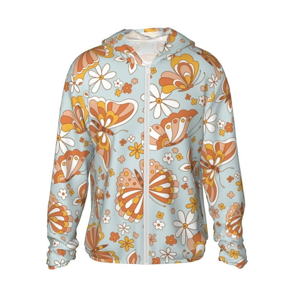 Kll Retro Floral Butterfly Print Men'S Women’s Upf 50+ Sun Protection Outdoor Hoodie Jacket Long Sleeve Fishing Hiking Performance Shirt- Medium