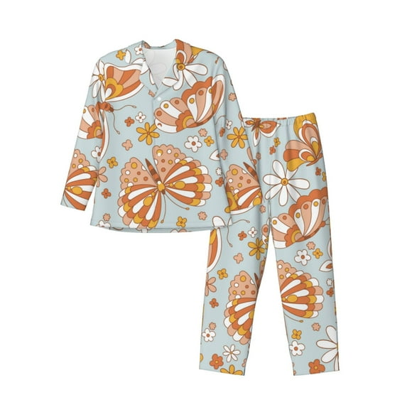 Kll Retro Floral Butterfly Sleepwear Mens Flannel Pajamas,Long Cotton Pj Set