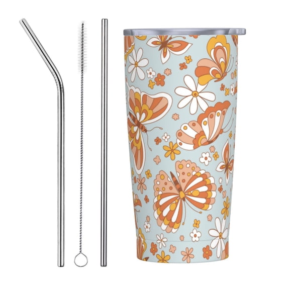Kll Retro Floral Butterfly Stainless Stainless Steel Vacuum Insulated Coffee Cup 20 Oz Lids And Straws,1 Metal Straws,1 Cleaning Brush