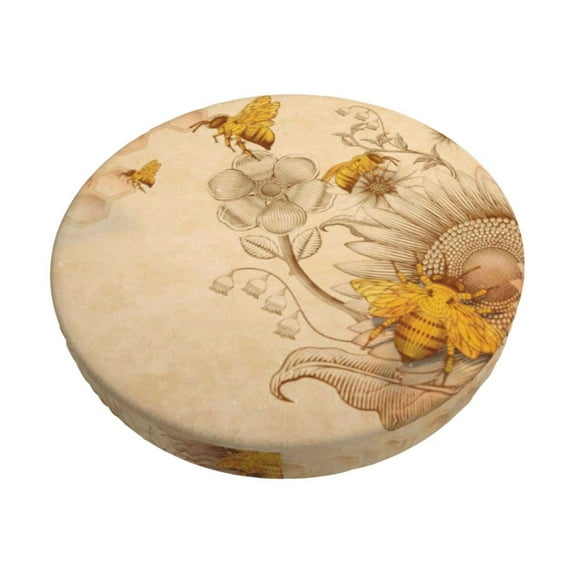 Kll Retro Hand Drawn Honey Bees And Sunflowers Round Bar Chair Cushion Cover 13 Inch,Bar Stool Protector With Elastic, Soft Washable