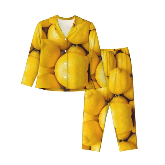 Kll Ripe Yellow Lemon Print Women'S Long Sleeve Pajamas With Pants Sleepwear Loungewear 2 Set-Medium