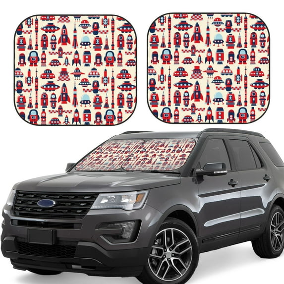 Kll Rocket Pattern Windshield Sun Shade 2-Piece Foldable Car Front Window Sunshade For Most Sedans Suv Truck - Auto Sun Blocker Visor Protector Blocks Max Uv Rays - Large