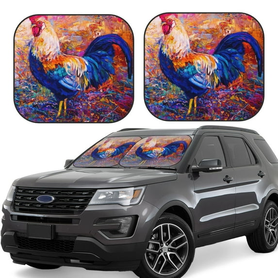 Kll Rooster Oil Painting Windshield Sun Shade 2-Piece Foldable Car Front Window Sunshade For Most Sedans Suv Truck- Large