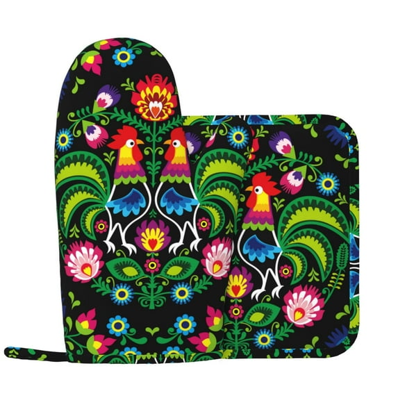 Kll Roosters And Flowers Oven Gloves And Pot Holders Grill Gloves - Oven Gloves And Pot Holders, Non-Slip Cooking Gloves With Recycled Pads