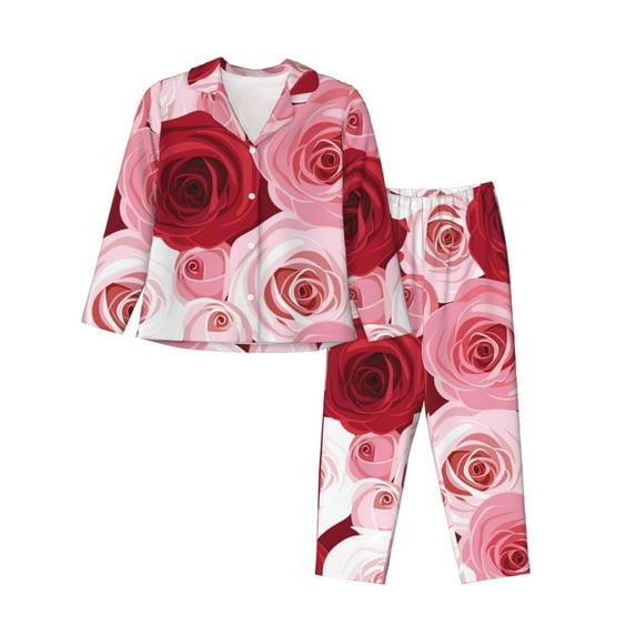 Kll Rose Print Women'S Long Sleeve Pajamas With Pants Sleepwear Loungewear 2 Set-X-Large