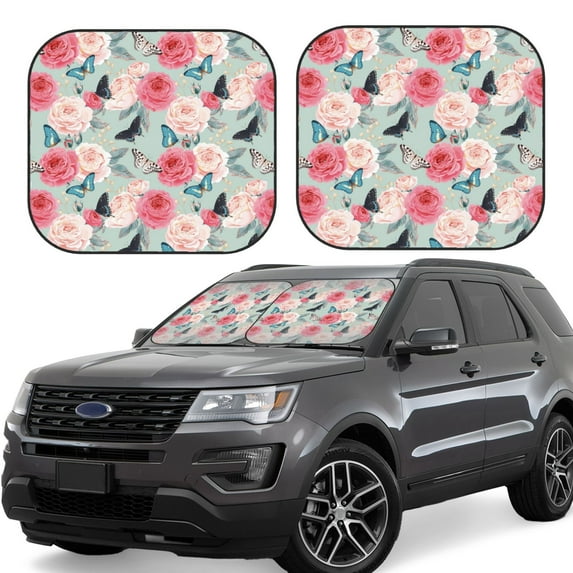 Kll Roses And Butterflies Windshield Sun Shade 2-Piece Foldable Car Front Window Sunshade For Most Sedans Suv Truck - Auto Sun Blocker Visor Protector Blocks Max Uv Rays - Medium