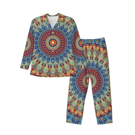 Kll Round Mandala Sleepwear Mens Flannel Pajamas,Long Cotton Pj Set