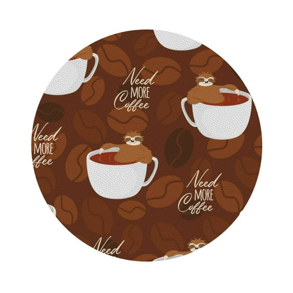Kll Round Shape Drink Coasters Set Of 4,Pu Leather Absorbent Coasters Set Decorative Coffee Cup Coasters Housewarming Gift For Home Decor-Sloths Need More Coffee