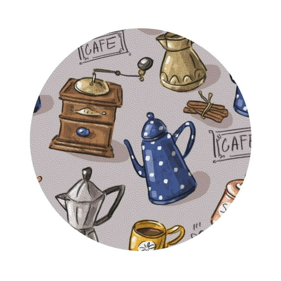 Kll Round Shape Drink Coasters Set Of 4,Pu Leather Absorbent Coasters Set Decorative Coffee Cup Coasters Housewarming Gift For Home Decor-Antique Vintage Teapot Coffee Grinder