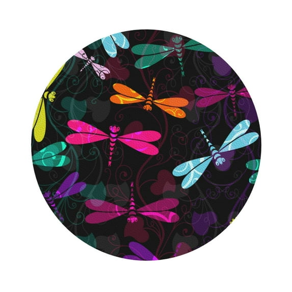 Kll Round Shape Drink Coasters Set Of 4,Pu Leather Absorbent Coasters Set Decorative Coffee Cup Coasters Housewarming Gift For Home Decor-Colorful Dragonflies