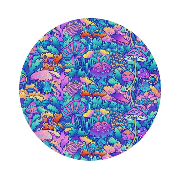 Kll Round Shape Drink Coasters Set Of 4,Pu Leather Absorbent Coasters Set Decorative Coffee Cup Coasters Housewarming Gift For Home Decor-Colorful Mushrooms