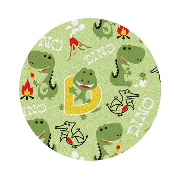 Kll Round Shape Drink Coasters Set Of 4,Pu Leather Absorbent Coasters Set Decorative Coffee Cup Coasters Housewarming Gift For Home Decor-Cute Dinosaurs Cartoon