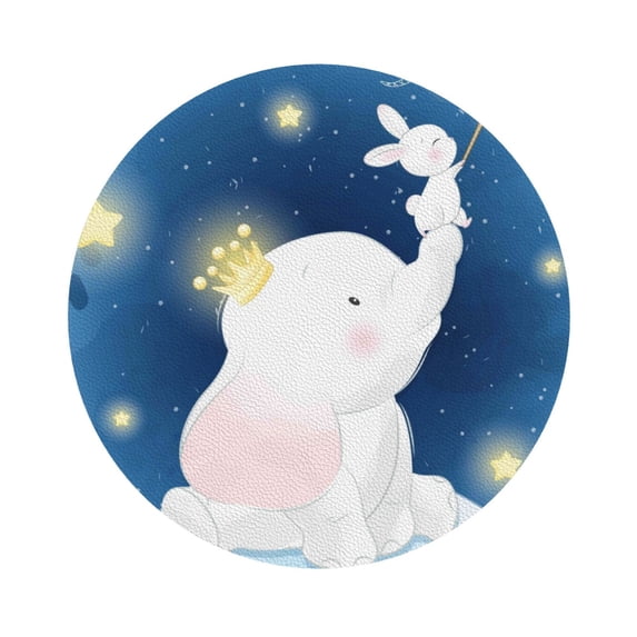 Kll Round Shape Drink Coasters Set Of 4,Pu Leather Absorbent Coasters Set Decorative Coffee Cup Coasters Housewarming Gift For Home Decor-Cute Elephant Sitting In The Moon With Little Bunny