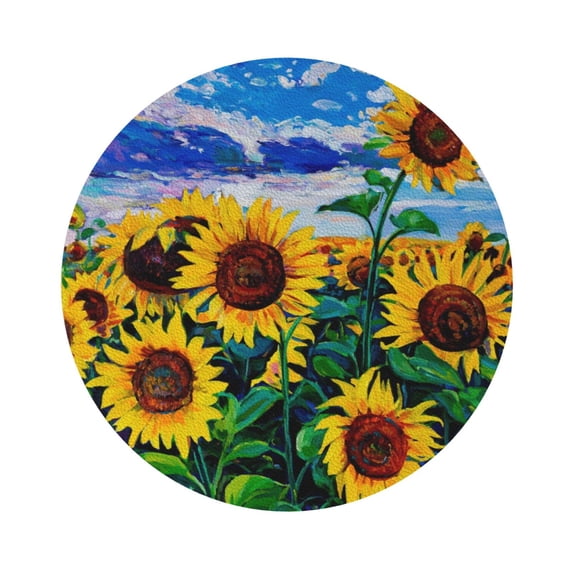 Kll Round Shape Drink Coasters Set Of 4,Pu Leather Absorbent Coasters Set Decorative Coffee Cup Coasters Housewarming Gift For Home Decor-Landscape With Sunflowers