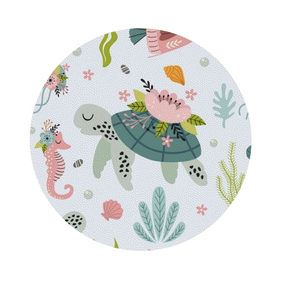 Kll Round Shape Drink Coasters Set Of 4,Pu Leather Absorbent Coasters Set Decorative Coffee Cup Coasters Housewarming Gift For Home Decor-Turtle And Sea Life