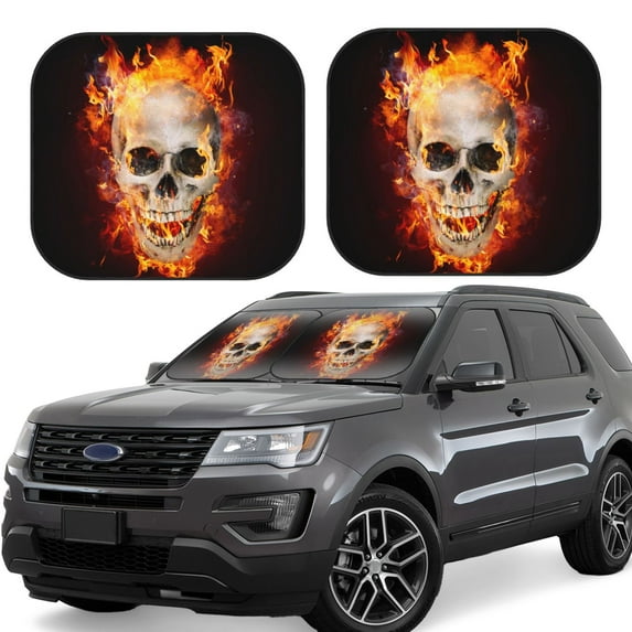 Kll Satanic Skull In Flames In The Darkness Windshield Sun Shade 2-Piece Foldable Car Front Window Sunshade For Most Sedans Suv Truck- Small