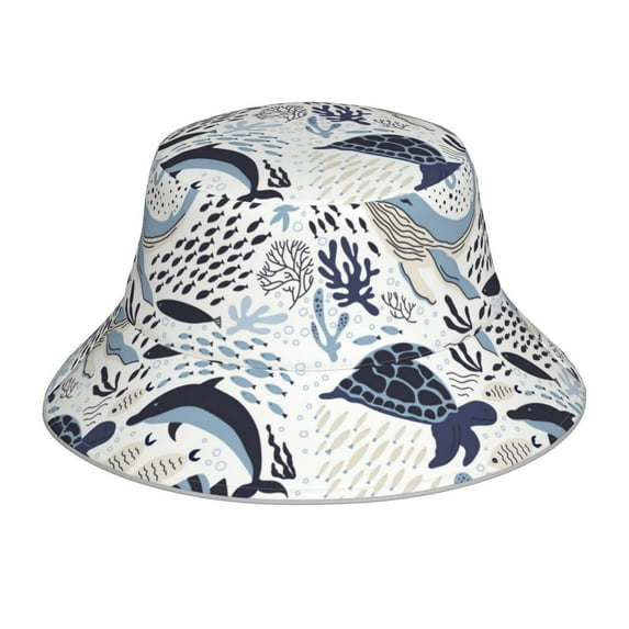 Kll Sea Life Elements Bucket Hat for Women Men Packable Travel Beach Sun Hat Outdoor Rave Accessories Reflective Fisherman Cap