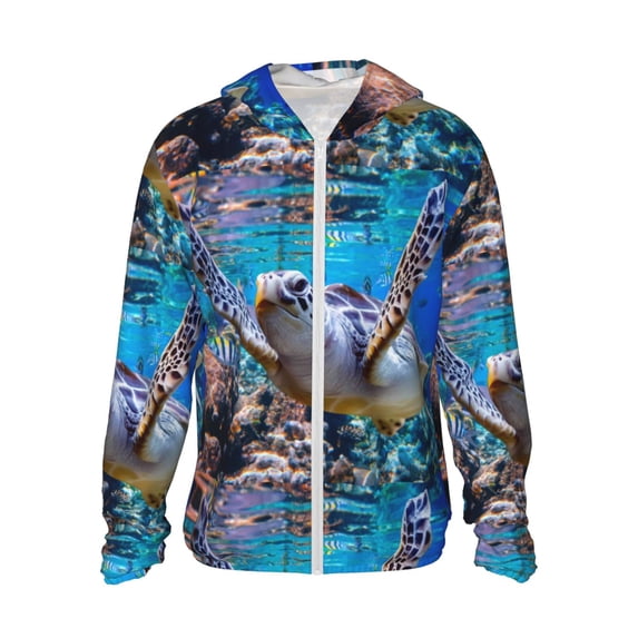 Kll Sea Turtle Swims Print Men'S Women’s Upf 50+ Sun Protection Outdoor Hoodie Jacket Long Sleeve Fishing Hiking Performance Shirt- Medium