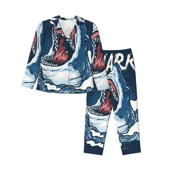 Kll Shark Print Women'S Long Sleeve Pajamas With Pants Sleepwear Loungewear 2 Set-Small