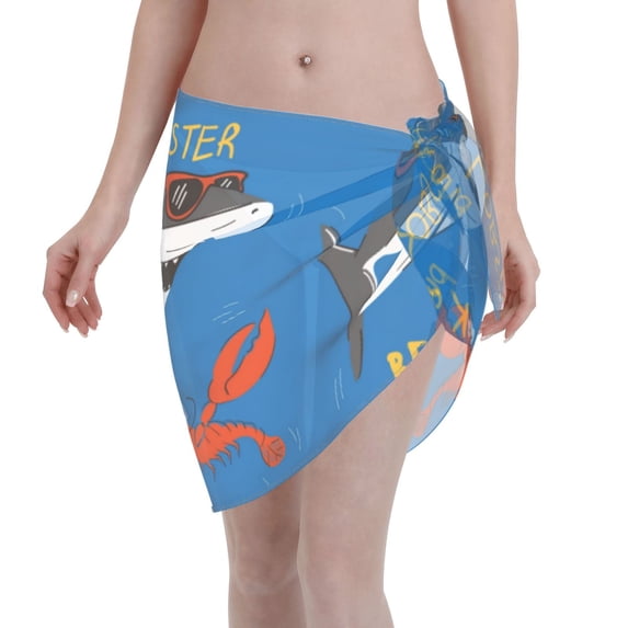 Kll Shark With Sunglasses And Lobste Print Women'S Sarong Coverups Short Bathing Suit Wrap Skirt Beach Wrap Swimsuit Cover Ups