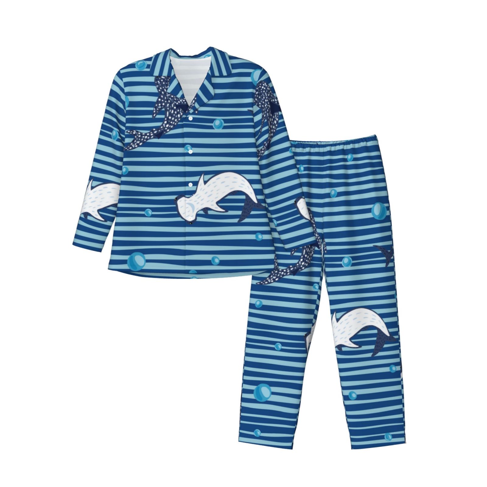 Kll Sharks On White Blue Striped Sleepwear Mens Flannel Pajamas,Long ...