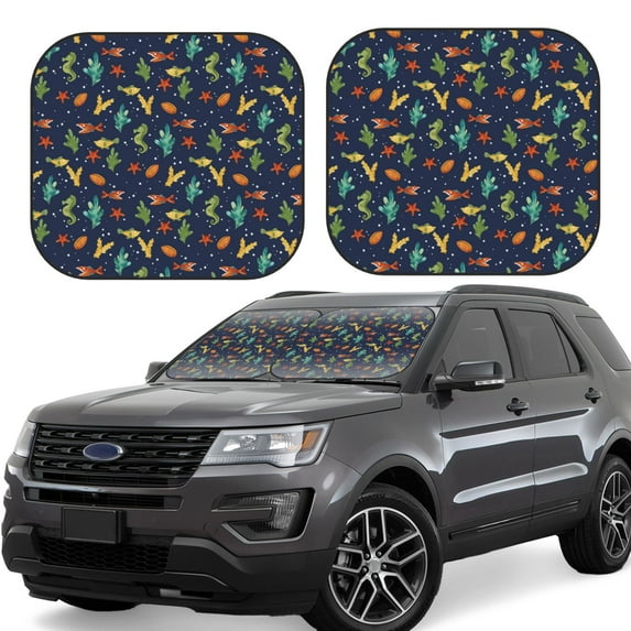 Kll Shells And Seaweed Windshield Sun Shade 2-Piece Foldable Car Front Window Sunshade For Most Sedans Suv Truck - Auto Sun Blocker Visor Protector Blocks Max Uv Rays - Large