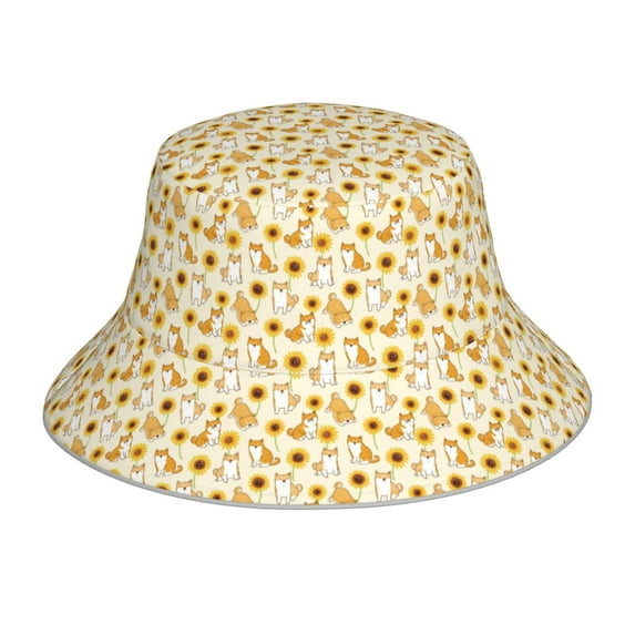 Kll Shiba Inu Sunflower Bucket Hat for Women Men Packable Travel Beach Sun Hat Outdoor Rave Accessories Reflective Fisherman Cap